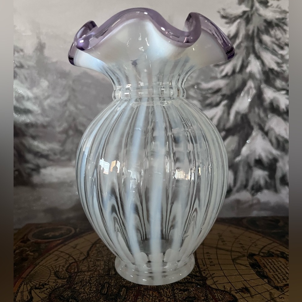 Fenton White Spiral Opalescent Glass Vase Purple Crest Vintage
